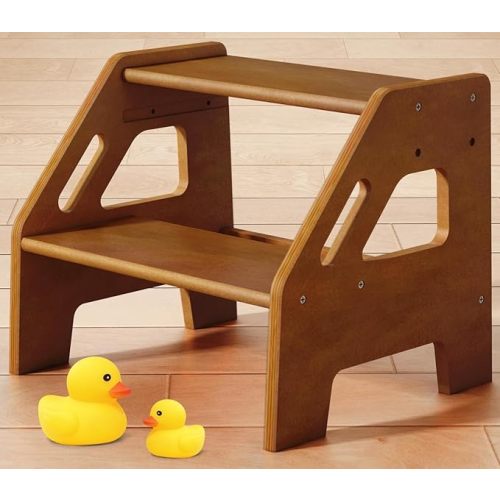 Wooden Toddler Step Stool for Bathroom Sink, Dark Wood Kids Toilet 2 Step Stool for Toddlers Potty Training, Baby Child Stepping Stools with Handles for Bedroom Kitchen Counter (Walnut Brown)