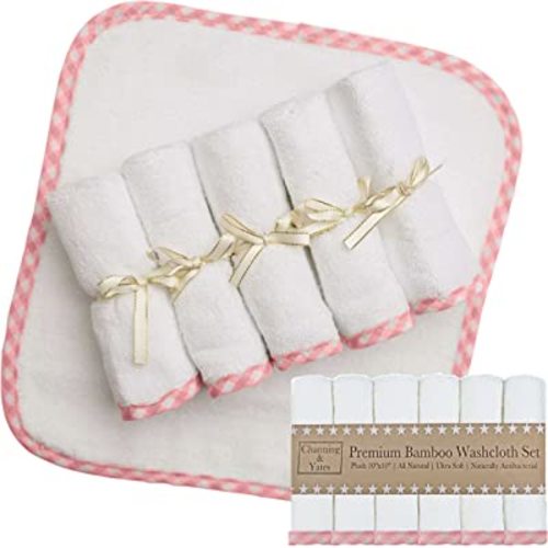 Channing & Yates Premium Boutique Baby Washcloths - (6-Pack) Organic Viscose Made from Bamboo Wash Cloths 2X Thick & Soft - Helps Eczema - Adult Face Washcloths - (Pink on White)