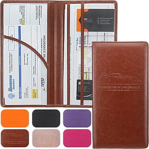 Premium Leather Car Registration & Insurance Card Holder with Magnetic Shut, Vehicle Glove Box Car Organizer - For Documents, Cards, License (Brown)