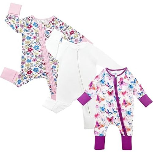Bow Dream Bamboo Baby Boy Romper Footed Long Sleeve Footies Newborn Girl Clothes Footless with Zipper and Mitten Cuffs