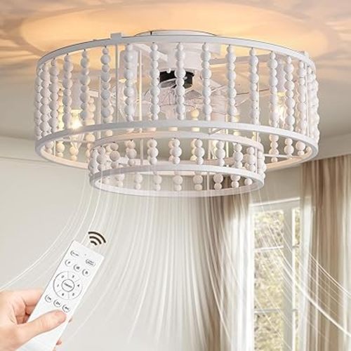 19” White Wood Beaded Ceiling Fan with Light for Nursery