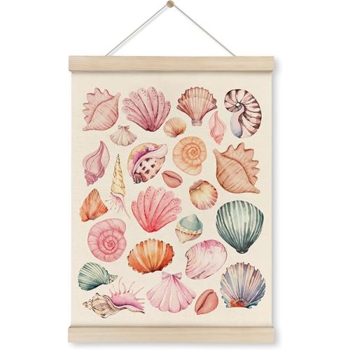 HRQKO Pink Coastal Cowgirl Wall Art Poster Hanger Frame, Seashell Wall Decor, Preppy Wall Decor, Pink seashell Art with Wooden Frames,Seashell Wall Hanging Banner Decor for Teen Girls Room,12x16 Inch