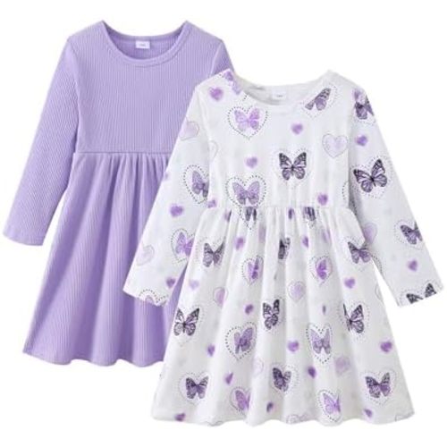 Girls Long Sleeve Dress: 2-Pack Soft Ribbed Ruffles Unicorn Print Toddler Girl Dresses for Casual Birthday Party 2-7Y