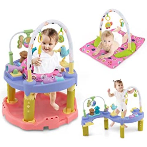 HONEY JOY Baby Bouncer Activity Center, 3-Stage Bouncing Activity Saucer & Playtime Mat & Activity Table, Toy-Bar, 3 Adjustable Heights, Foldable Activity Center for Infants & Toddlers(Pink)