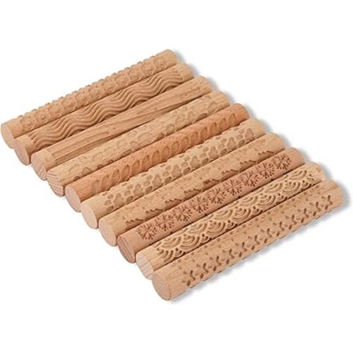 Lzttyee Set of 10 Wooden Handle Pottery Tools Clay Modeling Pattern Rollers Kit Brown (Set of 10)