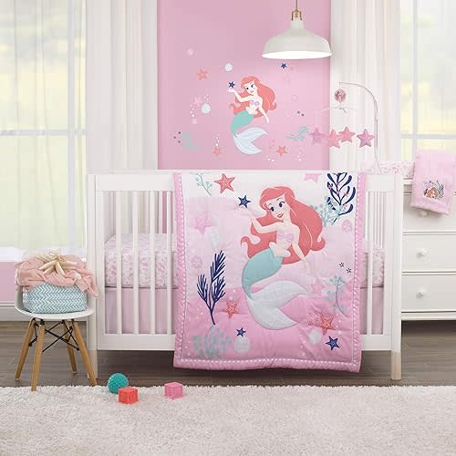 NOJO Disney The Little Mermaid Pink, Aqua, and Coral Ariel Cute by Nature 4 Piece Nursery Crib Bedding Set - Comforter, Fitted Crib Sheet, Changing Pad Cover, and Crib Skirt