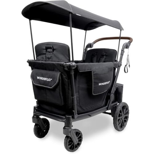 WonderFold L2 Collapsible Stroller Wagon with Aluminum Frame - Adjustable Canopy & Push Handle - All-Terrain Wheels - Built-in Storage - for Babies, Toddlers & Kids - 2 Seater - Black