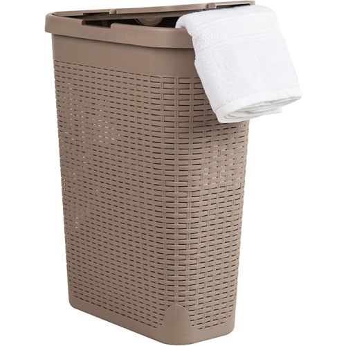 Mind Reader 40L Slim Laundry Hamper, Clothes Basket, Lid, Wicker Design, Plastic, 18"L x 10.4"W x 23.5"H, Tan