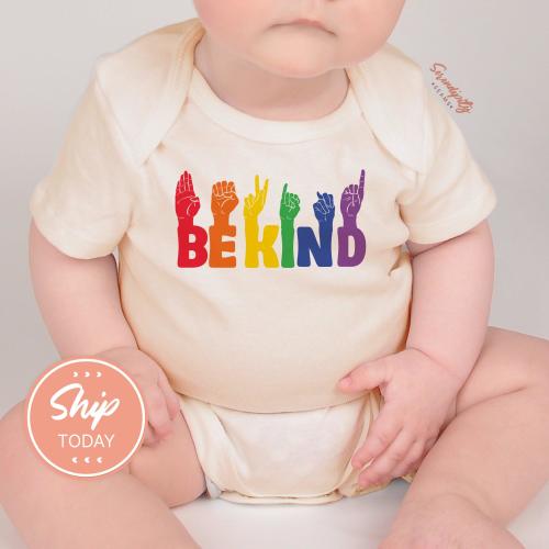 Toddler Shirt Be Kind Rainbow Design, Pride Baby Grow Outfit, ASL Sign Language Shirt, LGBTQ+ Pride Baby Bodysuit(KA-PRI8)