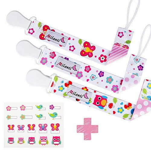 Milanti Pack of 3 Pacifier Clip for Girls, 18 Name Tags, Leash for Pacifiers & Teething Toy