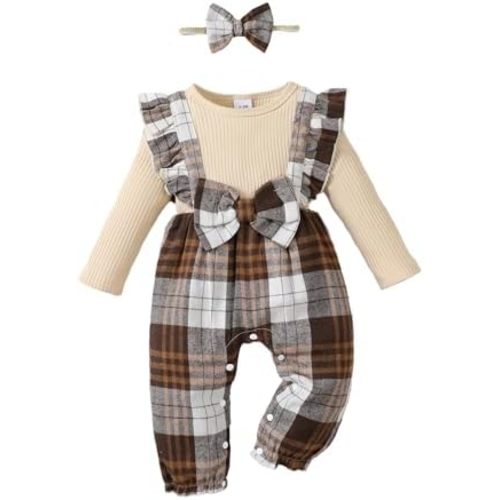 Newborn Infant Baby Girl Clothes Fall Winter Plaid Long Sleeve Jumpsuit One Piece Romper Bodysuit Baby Overalls Outfits
