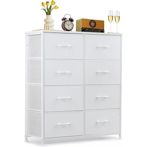 8-Drawer Dresser for Bedroom, Anti-Tip Tall Storage Organizer Chest of Drawers with Wooden Top and Metal Frame Fabric Bins for Closet, Living Room, Hallway, Entryway, White