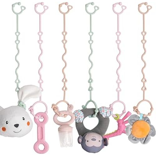 Toy Straps for Baby, 6 Pcs 100% Food Grade Silicone Adjustable Straps for Stroller, High Chair, Cribs, Car Seat Toy, Teether Toy. Baby Travel Essentials with Pacifier Clips. BPA Free