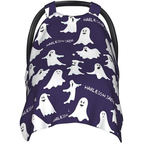 Personalized Baby Car Seat Canopy for Babies with Name, Custom Halloween Blue Ghost Stroller Car Seat Covers for Boys, Minky Nursing Carseat Cover for Breastfeeding, Car Seat Canopies for Newborn