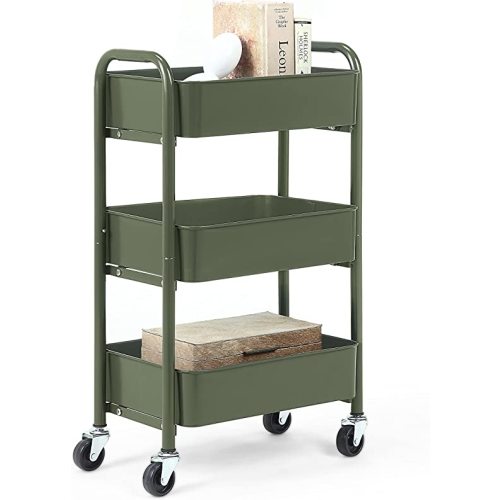SunnyPoint 3-Tier Delicate Compact Rolling Metal Storage Organizer - Mobile Utility Cart Kitchen/Under Desk Cart with Caster Wheels - Army (15.35" X 10.24" X 26.8"H)
