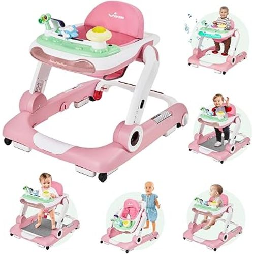 5 in 1 Baby Walker, Activity Baby Walker-Baby Bouncer, Rocker, Activity Center,Seat and Push Walker,Detachable Trampoline Mat, Adjustable Speed Rear Wheels and Height,Ages 6-18 Months (Pink)