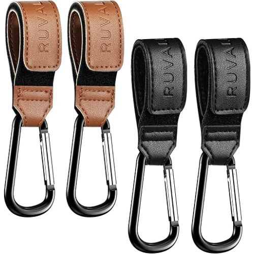 RUVALINO® Leather Stroller Hooks for Diaper Bag and Stroller Organizer - Stroller Strap with Large Carabiner Clip for Bags - Accessories for Wheelchair, Shopping and Pet Cart, Black and Brown, 4 Pack