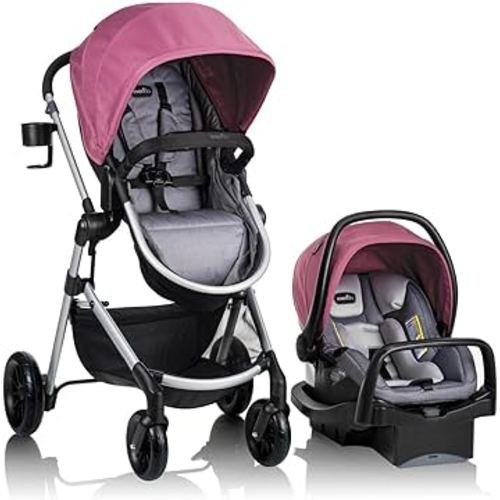 Evenflo Pivot Modular Travel System, Lightweight Stroller, Sleek & Versatile, Easy Infant Car Seat Transfer, Oversized Storage Basket, Travel Stroller, 3-Panel Canopy, Dusty Rose