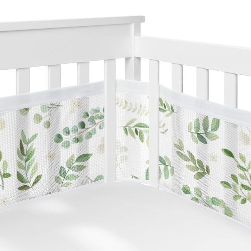 Sweet Jojo Designs + BreathableBaby Green Boho Floral Leaf Boy or Girl Breathable Mesh Crib Liner Anti-Bumper Baby and Infant - Sage Bohemian Gender Neutral Watercolor Botanical Woodland Garden Nature