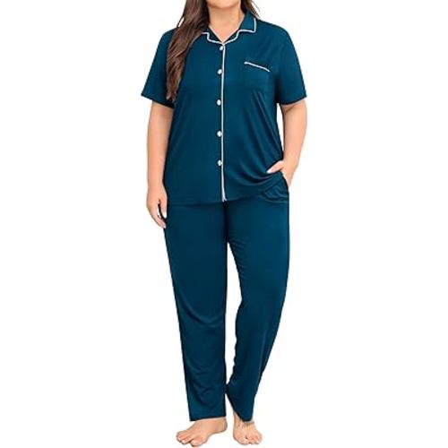 SWOMOG Women's Plus Size Pajama Set Short Sleeve Sleepwear Top and Pants Button Up Pajamas for Women Loungewear