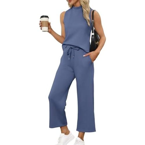 SAMPEEL Two Piece Sets for Women Summer Outfits Lounge Sets Mock Neck Tops Wide Leg Crop Pants Vacation Travel Outfits