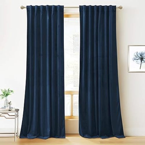 RYB HOME Velvet Curtains 96 inches- Blackout Curtains for Living Room,Thermal Insulated Noise Reducing Panels Luxury Vertical Sense Window Decor for Party Backdrops, Navy Blue, W52 x L96, 2 Panels