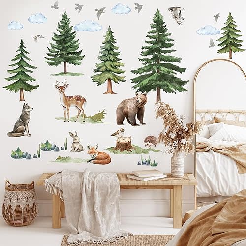 EEEKit Pine Tree Wall Decals with Animals, 48.3 x 35.4 Inch Forest Tree Wall Stickers, Woodland Wall Stickers for Living Room Bedroom, Christmas Decor