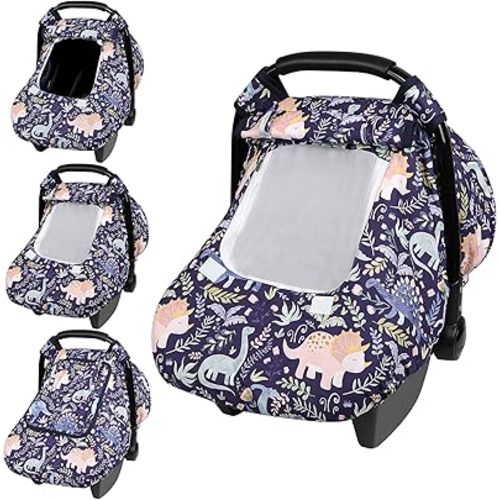 Pea Pod Winter Baby Car Seat Cover for Newborn, Warm Infant Car Seat Canopy Covers with 2 Layers Windows of Breathable Mesh/Fabric, Lightweight Polyester/Thick Minky Dot Backing (Dniosaur)