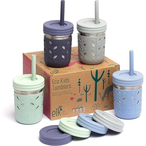 Elk and Friends Stainless Steel Cups | 10 oz Mason Jar design | Kids & Toddler Cups with Silicone Sleeves & Straws with Stopper | Smoothie Cups