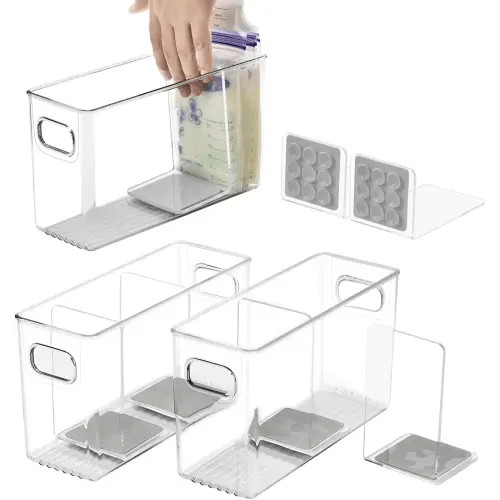 Breastmilk Storage Container with L Shaped Dividers to Flatten Standing Breast Milk Bags in Organizer Bins Save Refrigerator Space | 2 Containers with 4 Removable Separator Boards - Gray