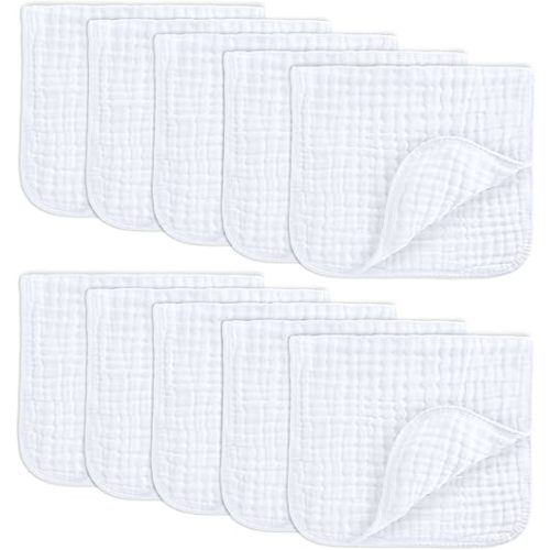 Comfy Cubs Muslin Burp Cloths Set Large 100% Cotton Hand Washcloths for Babies, Baby Essentials 6 Layers Extra Absorbent and Soft Boys & Girls Baby Bibs & Burp Cloths Set (White, 10-Pack, 20" X10")