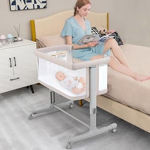 INFANS 3 in 1 Baby Bassinet, Bedside Sleeper for Newborn, Folding Crib with Mattress, Travel Bag, Wheels, 4-Sided Mesh, Easy to Assemble Cradle Co Sleeper Stationary, Rock (Beige)
