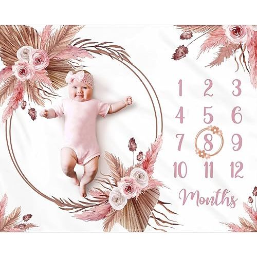 Floral Boho Baby Monthly Milestone Blanket Little Girl Bohemian Photo Prop Blanket Personalized Bliss Baby Present Pampas Grass Ideas for Newborn Princess Pinkk Nursery Décor 40" X 50"