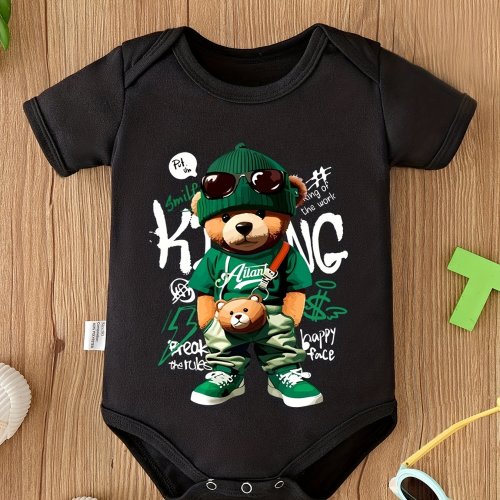 ACTFLASH Cartoon Bear Print Baby Bodysuit - Soft & Comfortable Polyester, Crew Neck, Short Sleeve, Regular Fit, Knit Fabric, Casual Style, All-Season Wear, Perfect Pregnancy Gift, Cute Clothes, for Outdoor