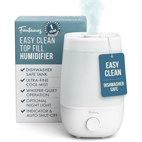 Fontaines Luxury Top-Fill Cool Mist Humidifier - 360° Ultra-Fine Spray, Whisper-Quiet Operation, Dishwasher-Safe Tank, Nightlight & Auto Shut-Off, Easy to Clean for Home, Bedroom, Baby Nursery