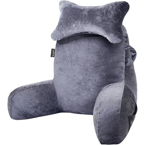 SLIGUY Reading Pillow for Sitting in Bed Couch Adult, Back Pillow with arm Support and Pockets, Adult Back Pillow Bed Chair for Bed Rest, Reading, Watching TV, Gaming for Boys and Girls Dark Grey