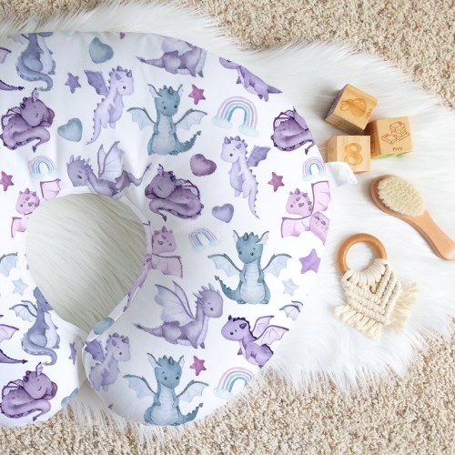 Nursing Pillow Cover, Baby Pillow Cover, Dragon Nursery Decor, Nursing Accessory, Baby Dragon Gift, Baby Girl Shower Gift, Purple Dragons