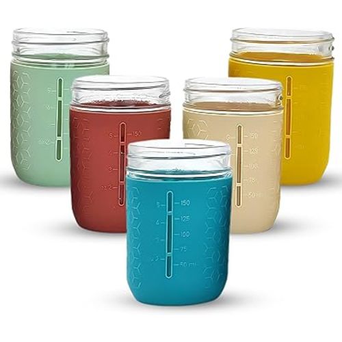 Silicone Mason Jar Sleeves | Anti-Slip Protectors for 8 oz Regular Mouth Ball & Kerr Jelly Canning Jars | Kids Cup Holders with Measurement Markings | Dishwasher Safe Jar Jackets - 5 Pack