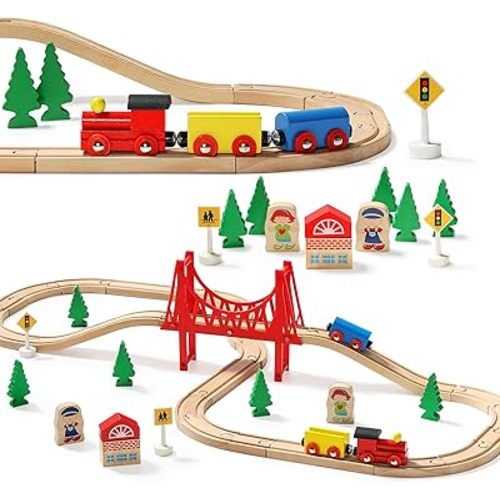 SainSmart Jr. Wooden Train Set for Toddler - Double-Side Wooden Tracks Fits Brio, Thomas, Melissa and Doug - Expandable, Changeable-Kids Wood Toy Train for 3,4,5 Year Old Boys and Girls