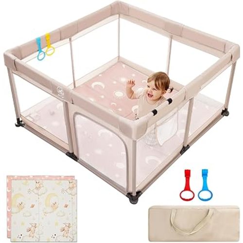 Baby Playpen with Mat, 50 * 50 in Play Pens for Babies and Toddlers, Baby Play Yards for Indoor & Outdoor with Soft Breathable Mesh (Beige with Mat)