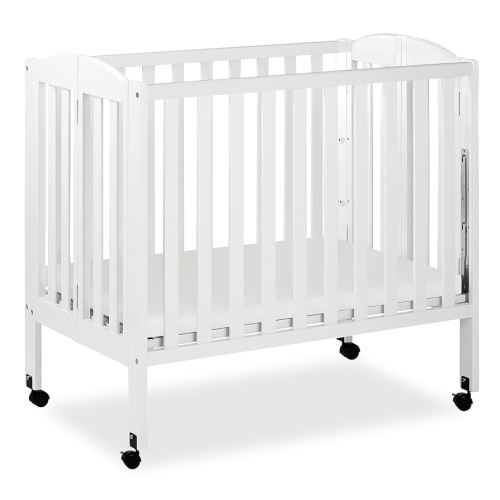 Dream On Me 3-in-1 Portable Folding Stationary Side Mini Baby Crib in White & Mattress, GreenGuard Gold & JPMA, Use as Changer & Playpen, Locking Wheels, 3 Mattress Heights, Extra Firm Mattress