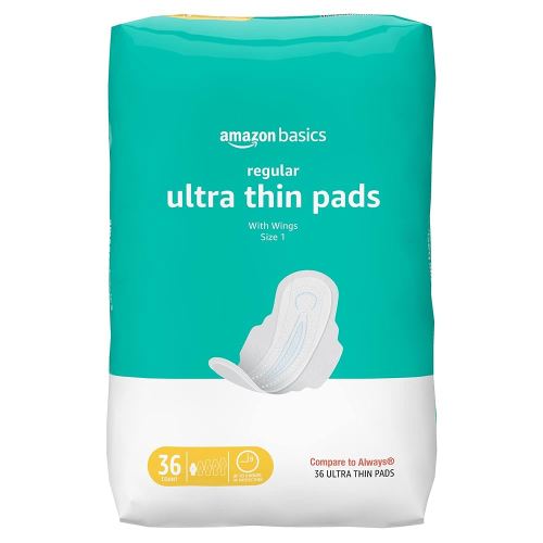 Amazon Basics Regular Absorbency Pads for Women, Ultra Thin with Flexi-Wings, Unscented, Size 1, 36 Count, 1 Pack