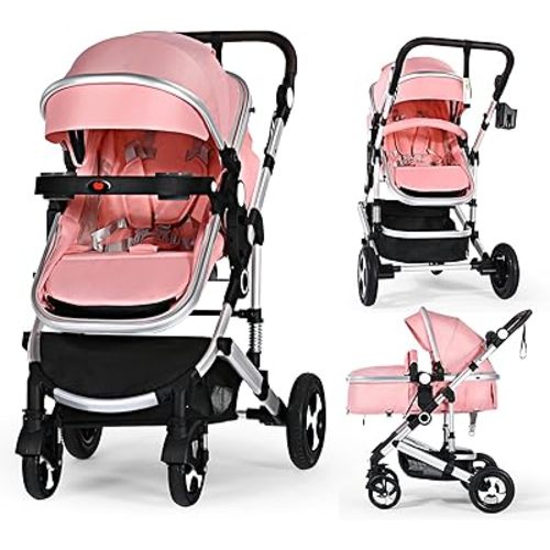 Kinder King 3 in 1 Reversible Baby Stroller w/Detachable Tray, Convert to Newborn Bassinet Pram, Folding Infant Carriage for Toddler, Adjustable Canopy, Aluminum Alloy, Suspension Wheels, Pink