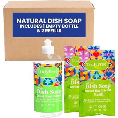 Truly Free Natural Concentrated Dish Detergent Dishwashing Liquid | Plant-Based Dish Soap | Sweet Basil Fresh Scent | 2 Refill Packs with 1 Empty Refillable Squeeze Bottle (16 Oz)