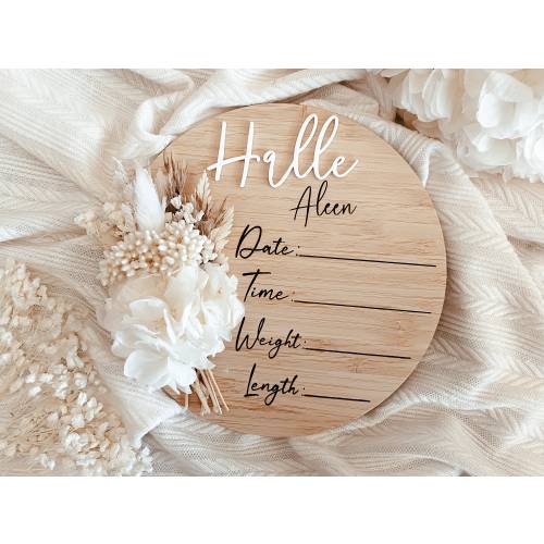 Birth detail writeable personalised birth announcement dried flowers