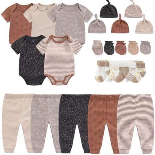 Newborn Layette Gift Set Bodysuits Pants for Baby Girl and Boy 24 Piece 100% Cotton Essentials and Accessories