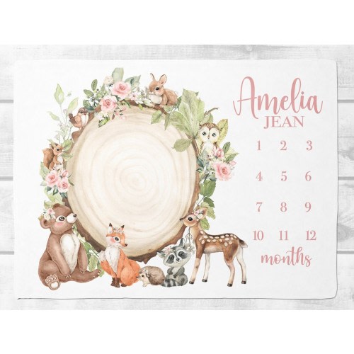 Floral Woodland Baby Girl Milestone Blanket Girl, Boho Woodland, Month Blanket, Personalized Baby Girl Blanket - Baby Shower gift -SM550