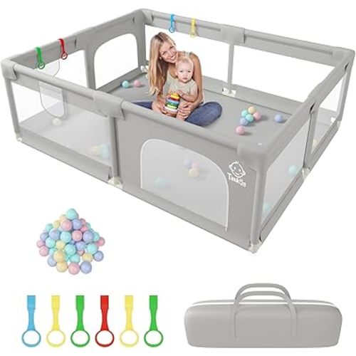Playpen Baby Play Pen 200 x 160 cm, Baby Playpen with 50 Ocean Balls, 6X Pull Rings, Non-Slip Extra Large Play Yard for Toddlers and Babies with Durable Zippered Door, Storage Bag for Outdoor Play