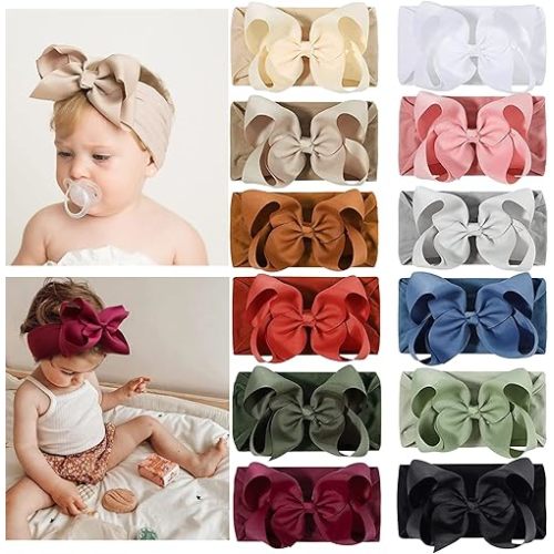 Ayesha Baby Headbands with Soft Nylon Hairbands and Hair Bows for Newborn, Toddler, and Baby Girls (12 Pack)