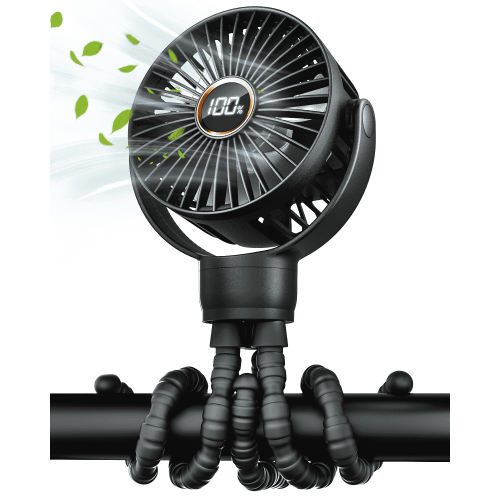 FrSara Portable Mini Stroller Fan with Tripod, Rechargeable USB, 4000mAh Battery Operated, 3-Speed, Black